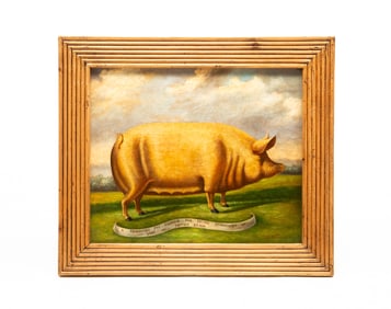 FOLK ART OIL ON CANVAS PORTRAIT OF A PRIZE PIG.