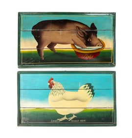 TWO FOLK ART OIL ON PINE BARNYARD ANIMAL PAINTINGS.