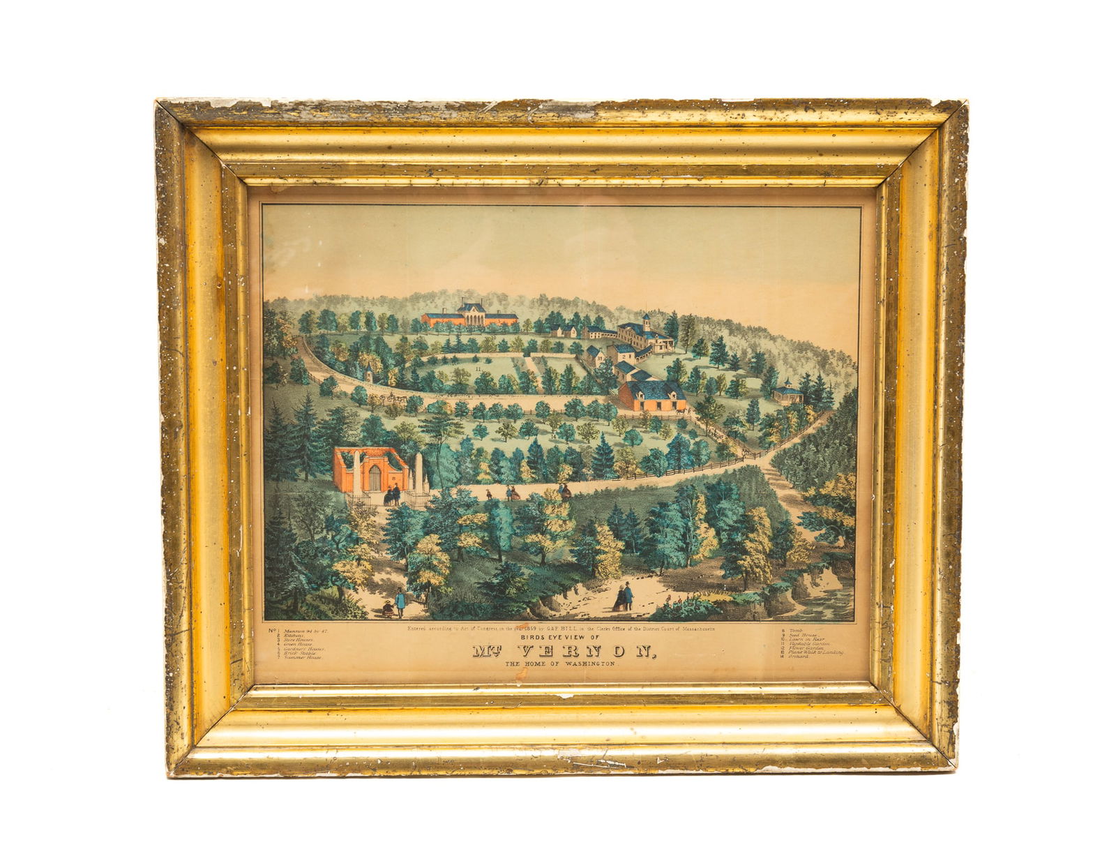 G & F BILL (AMERICAN, PUBLISHER) "BIRDS EYE VIEW MT. VERNON" HAND-COLORED LITHOGRAPH, DATED 1859. (1 of 6)