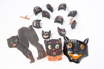FOUR BLACK CAT HALLOWEEN DECORATIONS.