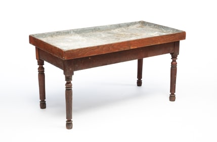 AMERICAN RED-WASHED OAK AND MAPLE POTTING TABLE WITH METAL-LINED TOP.
