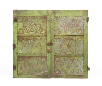 TWO AMERICAN GREEN-PAINTED PINE AND PUNCHED TIN PIE SAFE DOORS.