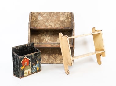 TWO AMERICAN WALL SHELVES PLUS FOLK ART-PAINTED WALL POCKET.