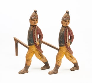 PAIR OF M. BIBI (AMERICAN) PAINTED AND CAST IRON HESSIAN SOLDIER ANDIRONS.