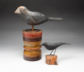 TWO FOLKSY AMERICAN CARVED WOOD CROW DECOYS, INCL. WILL KIRKPATRICK (HUDSON, MASSACHUSETTS).