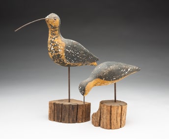 TWO RICHARD MORGAN (WOODBURY, CONNECTICUTT) CARVED AND PAINTED SHOREBIRD DECOYS.