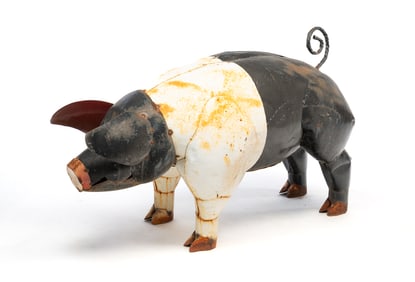 LARGE PAINTED SHEET METAL PIG YARD SCULPTURE.