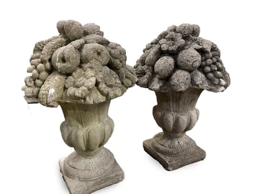 PAIR OF CAST CONCRETE GARDEN URNS WITH FRUIT AND FLOWERS.