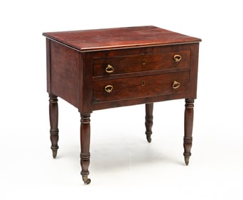 AMERICAN SHERATON FLAME MAHOGANY TWO-DRAWER WORK TABLE WITH WRITING SURFACE.