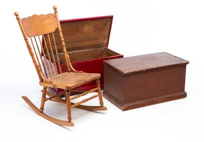 TWO AMERICAN BLANKET BOXES AND A ROCKING CHAIR.