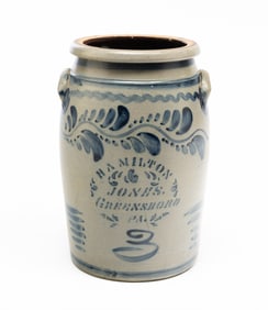 HAMILTON & JONES (GREENSBORO, PENNSYLVANIA) COBALT-DECORATED STONEWARE THREE GALLON JAR.