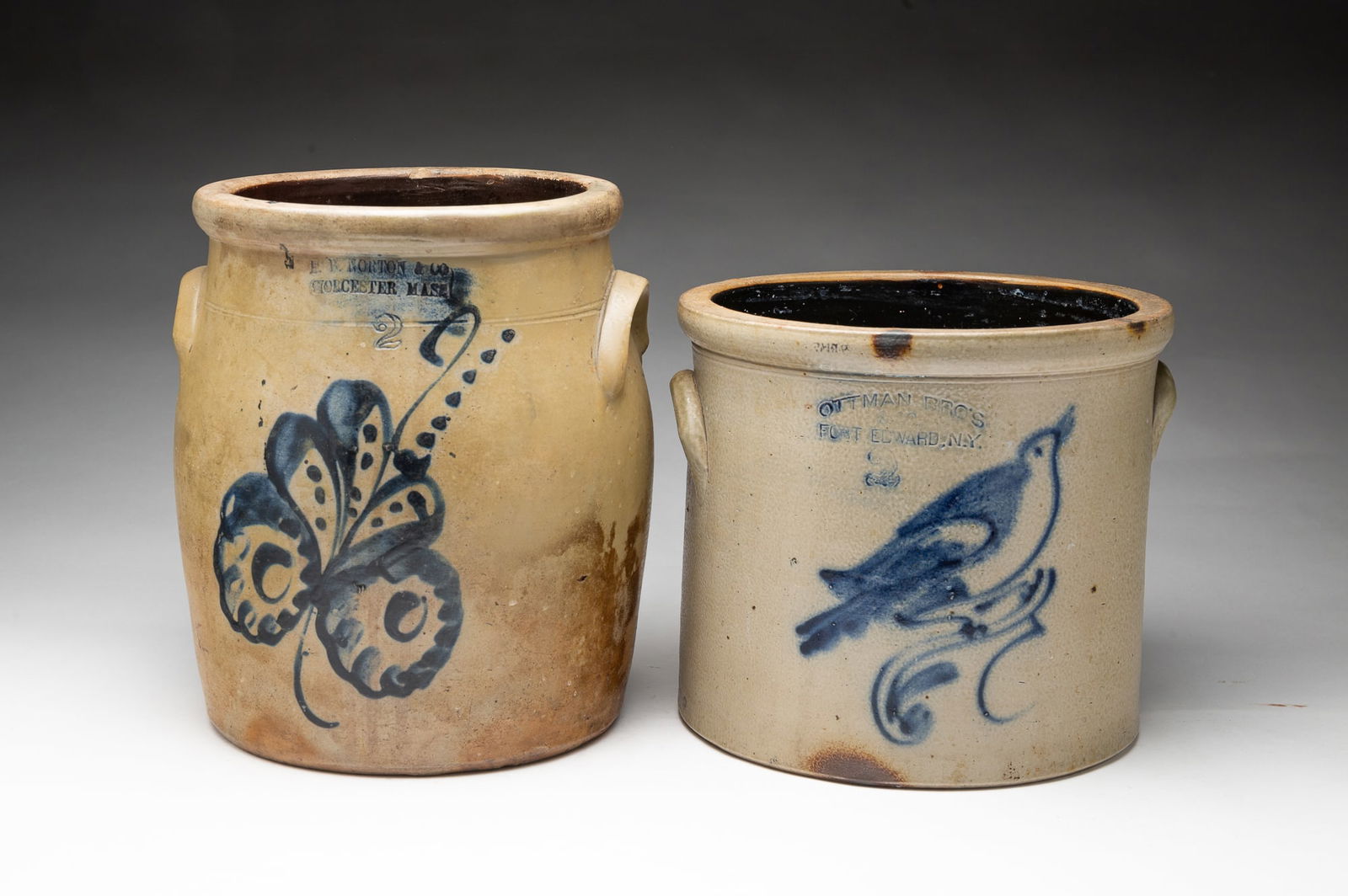 TWO AMERICAN COBALT-DECORATED STONEWARE CROCKS, INCL. OTTMAN BROS. (FORT EDWARD, NEW YORK) AND P.R. (1 of 6)