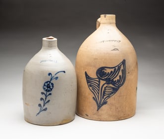 TWO NEW YORK COBALT-DECORATED STONEWARE JUGS, INCL WHITE'S UTICA.