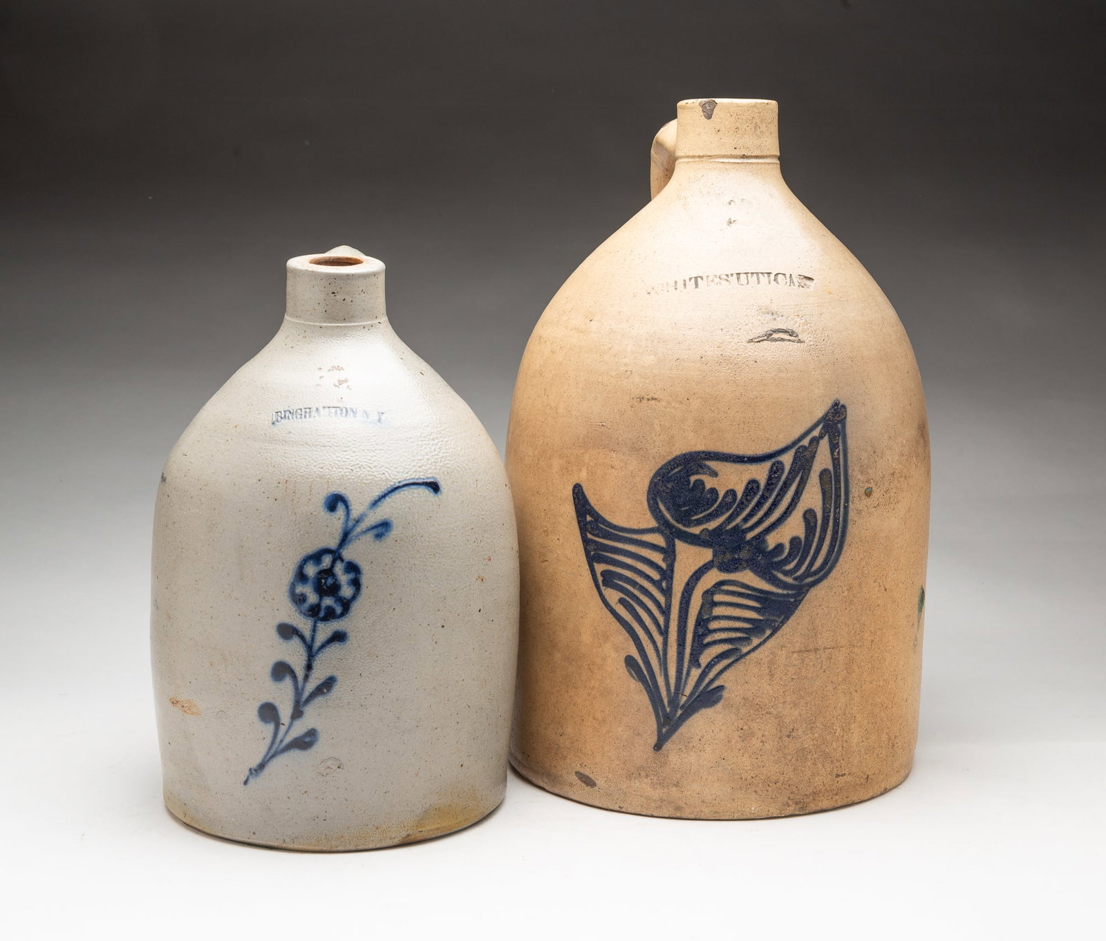 TWO NEW YORK COBALT-DECORATED STONEWARE JUGS, INCL WHITE'S UTICA. (1 of 8)