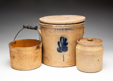 THREE AMERICAN SALT GLAZED STONEWARE ITEMS.