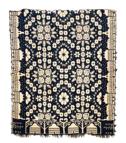NEWARK, OHIO BLUE AND WHITE SUMMER/WINTER COVERLET, DATED 1840.