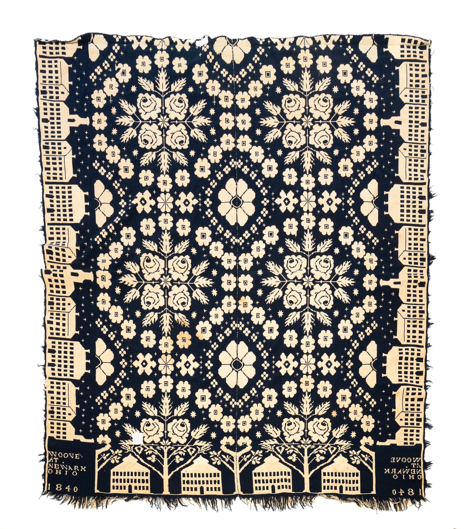 NEWARK, OHIO BLUE AND WHITE SUMMER/WINTER COVERLET, DATED 1840. (1 of 7)