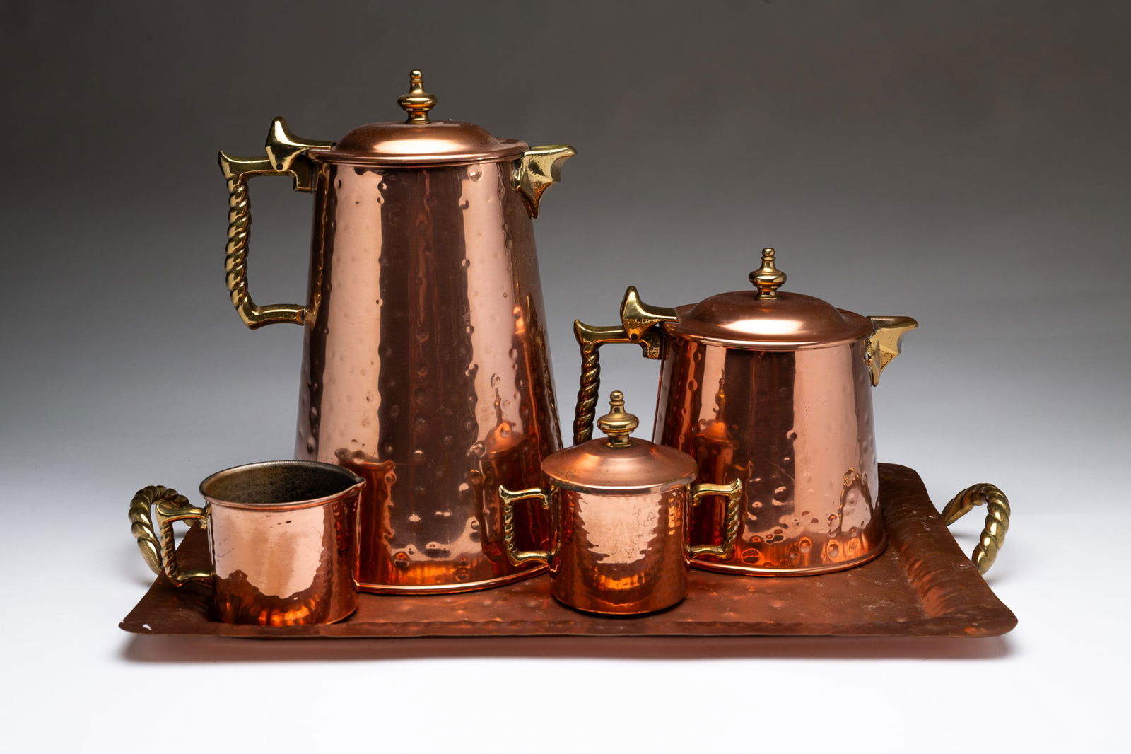 FOUR-PIECE COLONIAL VIRGINIA (HAMPTON, VIRGINIA) BRASS-MOUNTED COPPER COFFEE AND TEA SET WITH (1 of 6)