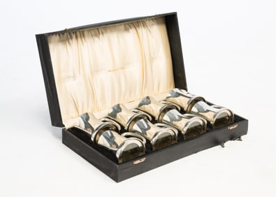 ABERCROMBIE & FITCH CO. (NEW YORK, NEW YORK) PEWTER AND GLASS 3/4 PINT MUGS IN VELVET CASE.