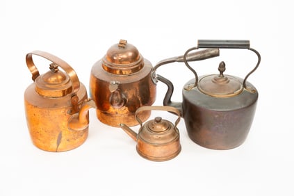 FOUR COPPER KETTLES, INCL. TWO SWEDISH GOOSENECK EXAMPLES.