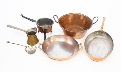 SIX COPPER AND BRASS COOKING ITEMS, INCL. TURKISH COFFEE POT.