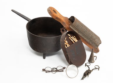 GROUP OF AMERICAN METAL AND WOOD HOUSEHOLD ITEMS, INCL. TIN WALL BOX.