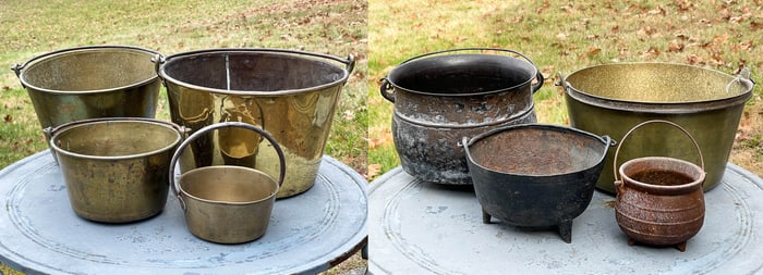 EIGHT AMERICAN BRASS AND IRON KETTLES.