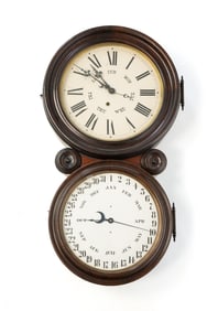 E. INGRAHAM & CO. (BRISTOL, CONNECTICUT) WALNUT FIGURE EIGHT CALENDAR WALL CLOCK.