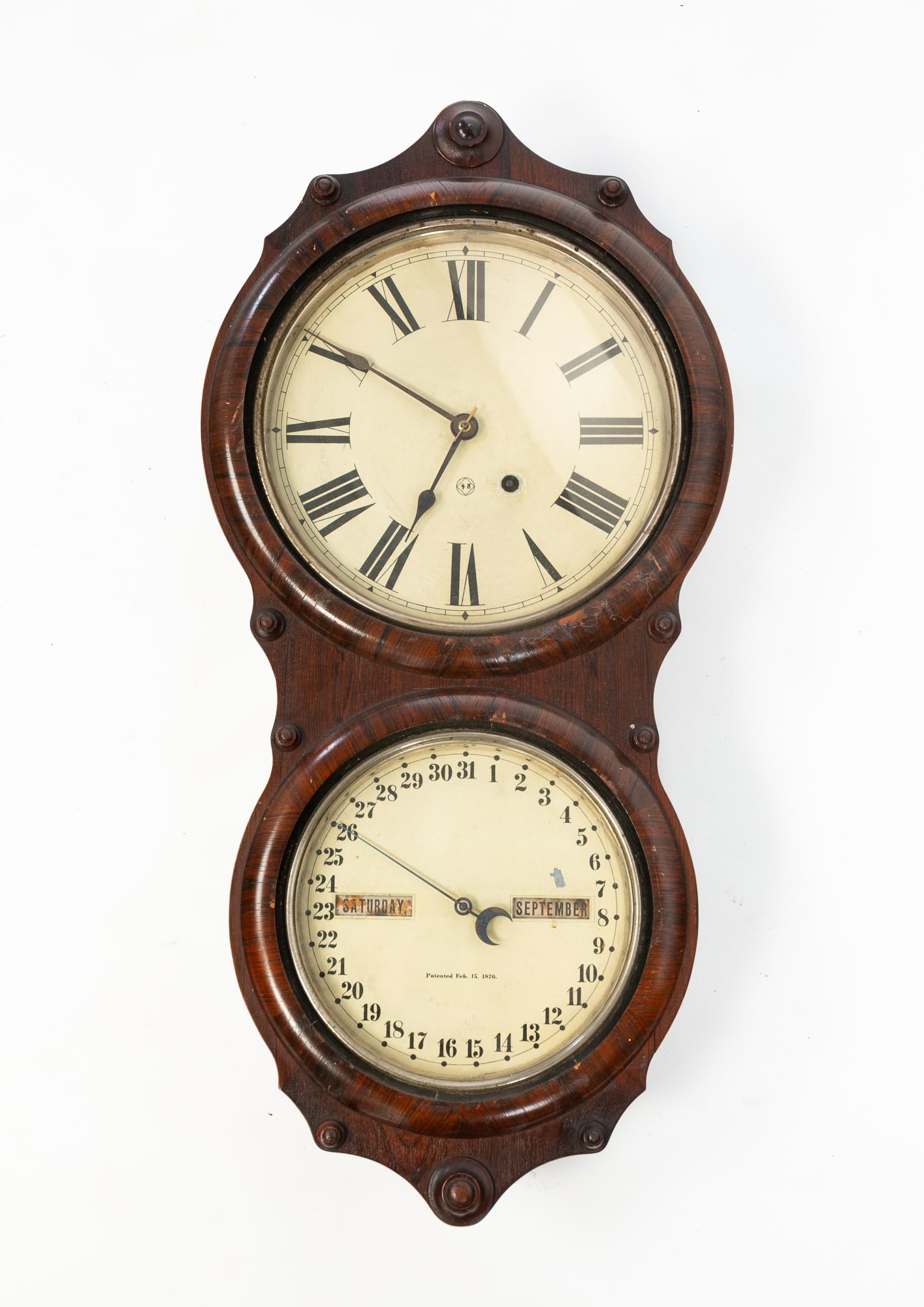 SETH THOMAS CLOCK CO. (THOMASTON, CONNECTICUT) ROSEWOOD FIGURE EIGHT CALENDAR WALL CLOCK. (1 of 7)