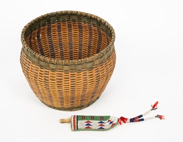 NATIVE AMERICAN SPLINT-WOVEN BASKET PLUS BEADED-LEATHER KNIFE SHEATH.