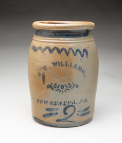 B.T. WILLIAMS (NEW GENEVA, PENNSYLVANIA) COBALT-DECORATED STONEWARE TWO GALLON JAR.