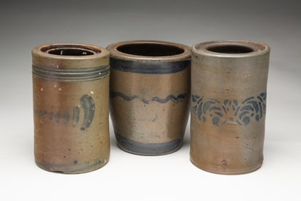 THREE AMERICAN COBALT-DECORATED STONEWARE CANNING JARS.