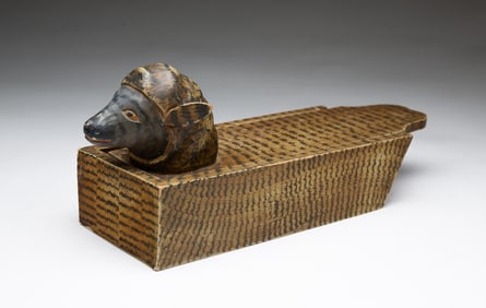 AMERICAN FOLK ART CARVED AND PAINT-DECORATED SLIDE-LID BOX WITH SHEEP'S HEAD.