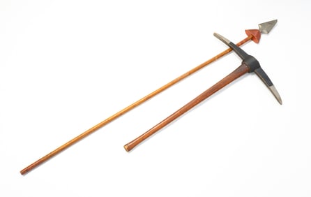 TWO AMERICAN FOLK ART CARVED AND PAINTED WOOD LODGE ARTICLES.