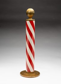 DIMINUTIVE AMERICAN PAINT-DECORATED AND PARCEL-GILT DESKTOP BARBER POLE.