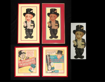 TWO CHARLIE MCCARTHY "CHASE AND SANBORN" NEWSPAPER ADVERTISEMENTS AND TWO DIE-CUT AND JOINTED