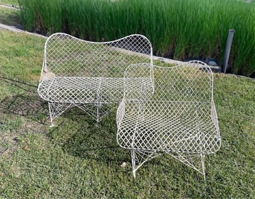 TWO LATE VICTORIAN WHITE-PAINTED WIREWORK GARDEN BENCHES.