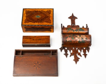 FOUR WOOD ITEMS, INCL. WALNUT AND MARQUETRY LAP DESK.
