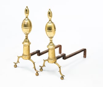 PAIR OF BRASS AND IRON LEMON DROP ANDIRONS.