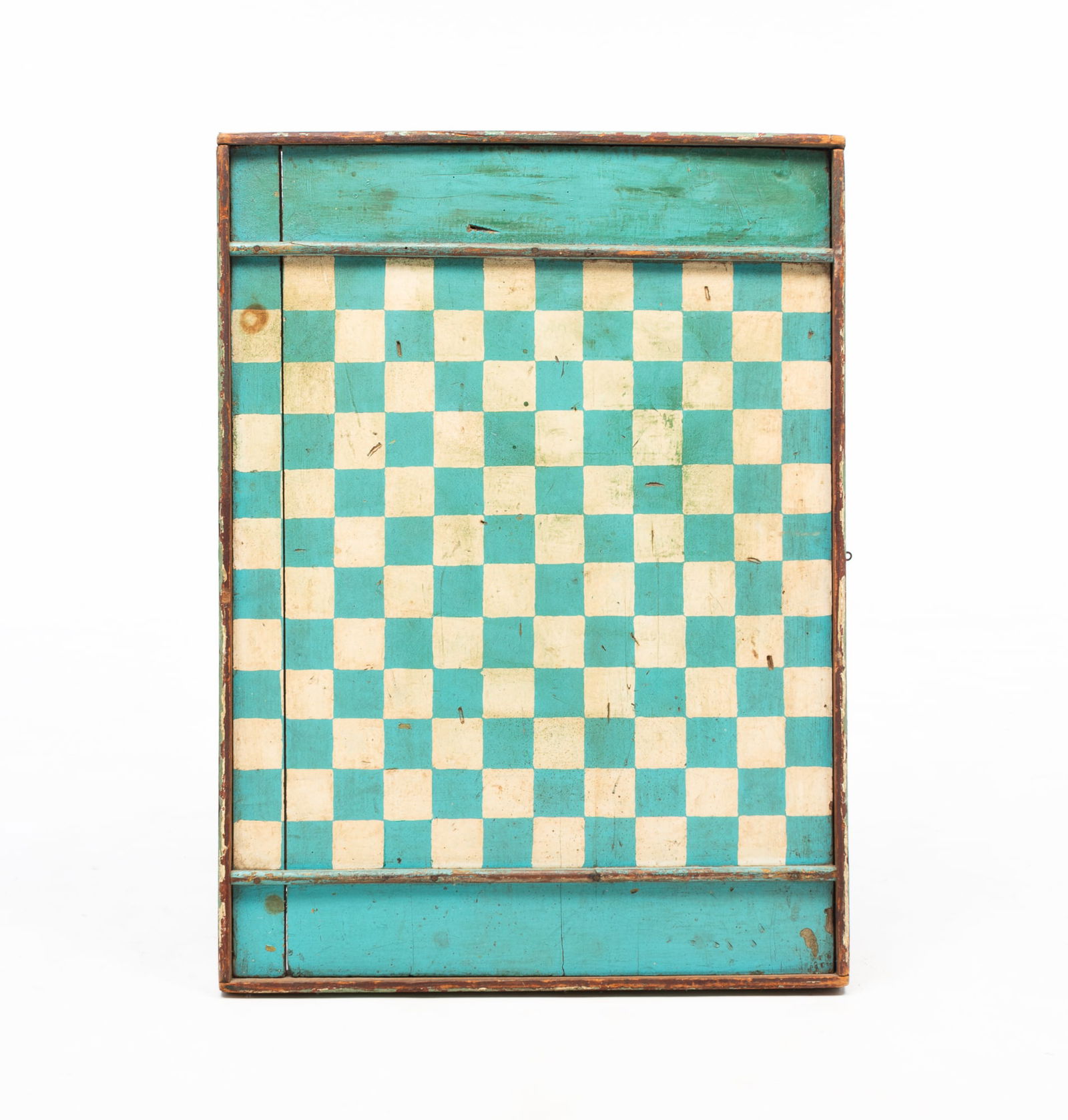 AMERICAN PAINTED PINE GAMEBOARD.: Ca. 1900. Tray edge, game piece wells at both ends with turquoise and white worn paint. 25.5"h. 18.75"w.