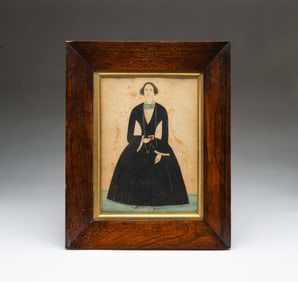 AMERICAN SCHOOL FOLK ART WATERCOLOR PORTRAIT OF A LADY.