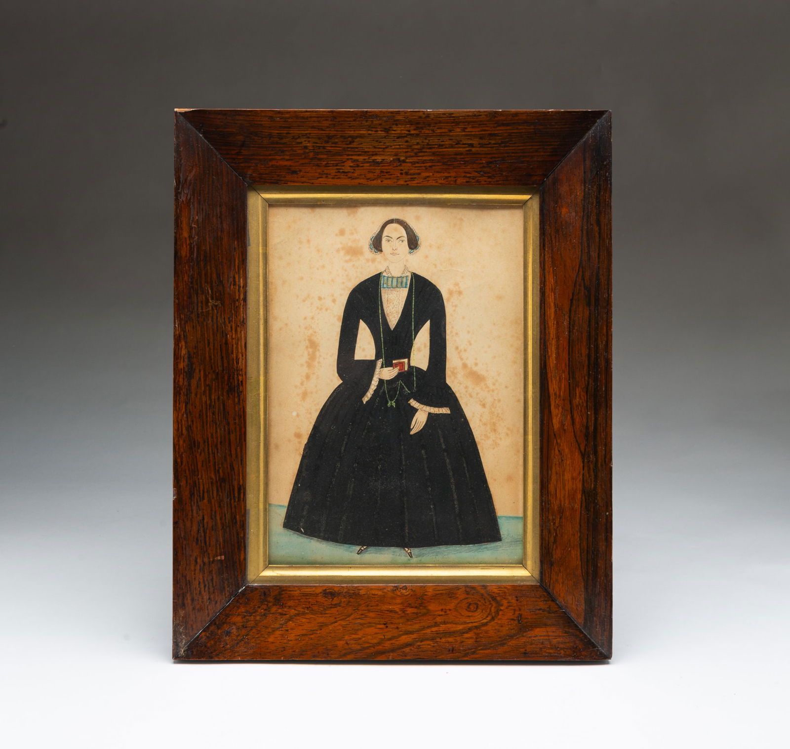 AMERICAN SCHOOL FOLK ART WATERCOLOR PORTRAIT OF A LADY. (1 of 4)