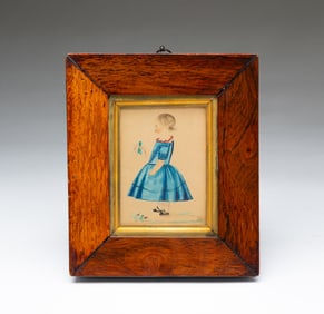MINIATURE AMERICAN SCHOOL FOLK ART WATERCOLOR PORTRAIT OF A YOUNG GIRL.