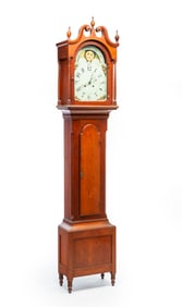 LANCASTER COUNTY, PENNSYLVANIA SHERATON CHERRY TALL CASE CLOCK.
