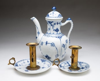 TWO ROYAL COPENHAGEN BLUE FLUTED HALF LACE PORCELAIN CHAMBER STICKS AND A COFFEE POT.
