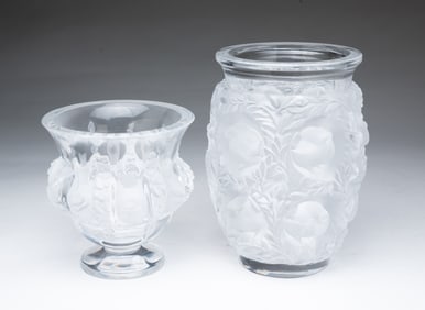 TWO LALIQUE CRYSTAL VASES WITH BIRD MOTIFS.