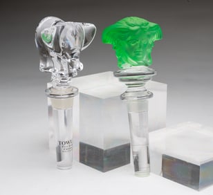 TWO WINE BOTTLE GLASS STOPPERS, INCL. ROSENTHAL FOR VERSACE.