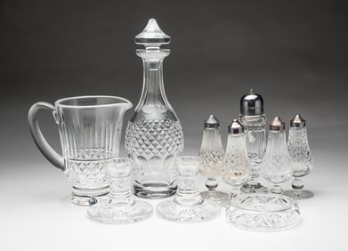 GROUP OF TEN WATERFORD CUT CRYSTAL TABLE ACCESSORIES.