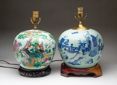 TWO CHINESE PORCELAIN GINGER JAR TABLE LAMPS.