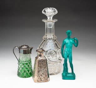 FOUR EUROPEAN GLASS ITEMS, INCL. STERLING SILVER-OVERLAID PERFUME.